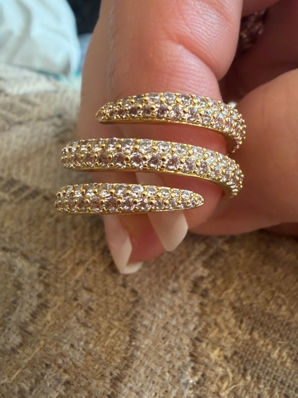 Gold plated Triple Row Pavé Crystal Open Ring - Women Jewelry size 9. New!